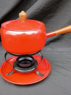 Vintage Red Enamel Japanese Fondue Pot Set with Wood Handle
